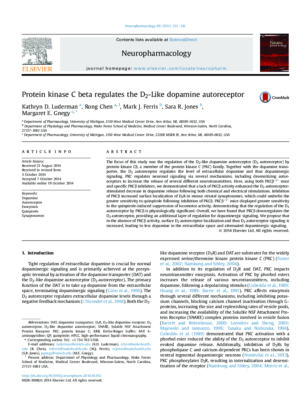 Protein kinase C beta regulates the D2-Like dopamine autoreceptor