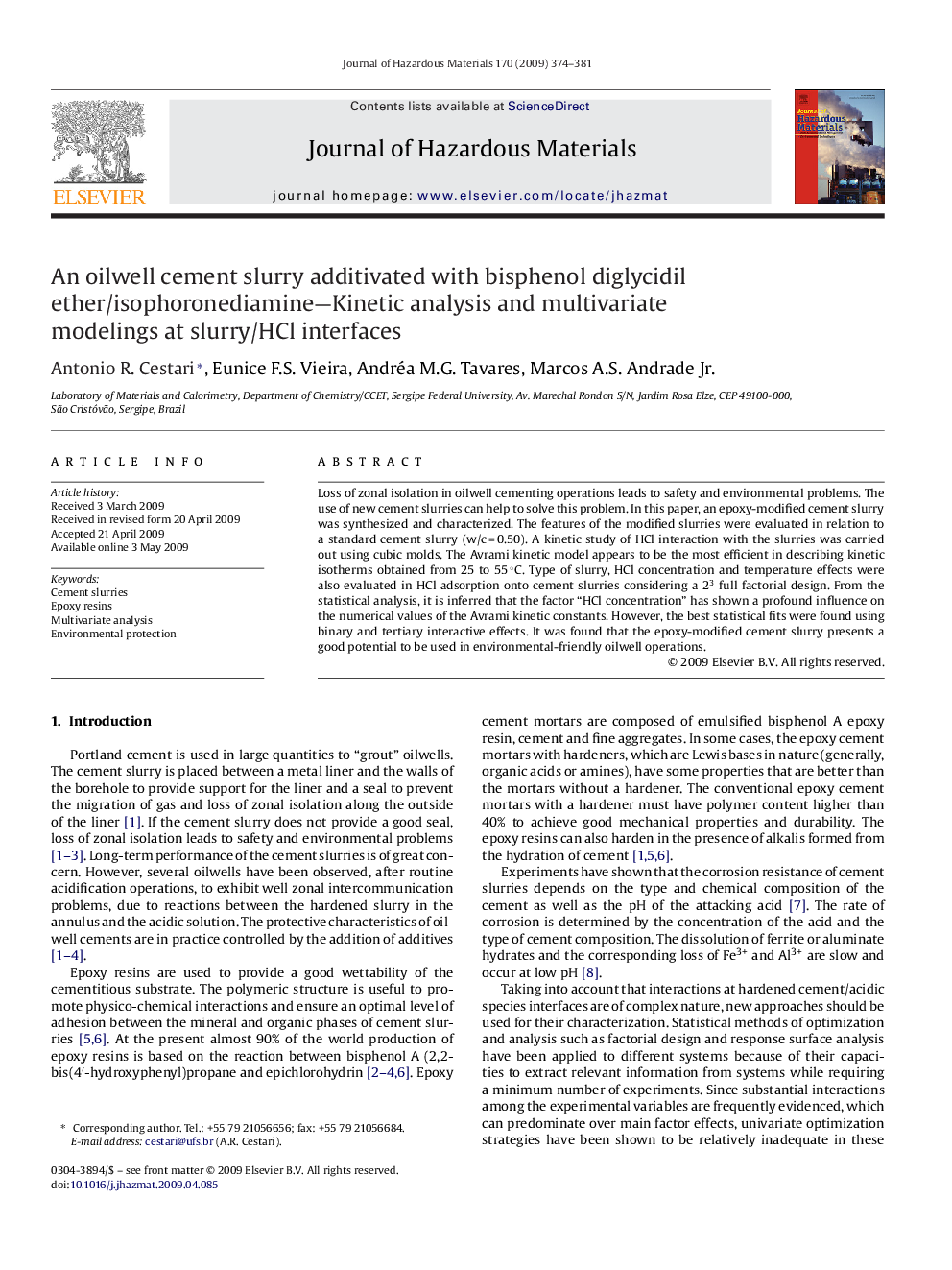 An oilwell cement slurry additivated with bisphenol diglycidil ether/isophoronediamine-Kinetic analysis and multivariate modelings at slurry/HCl interfaces