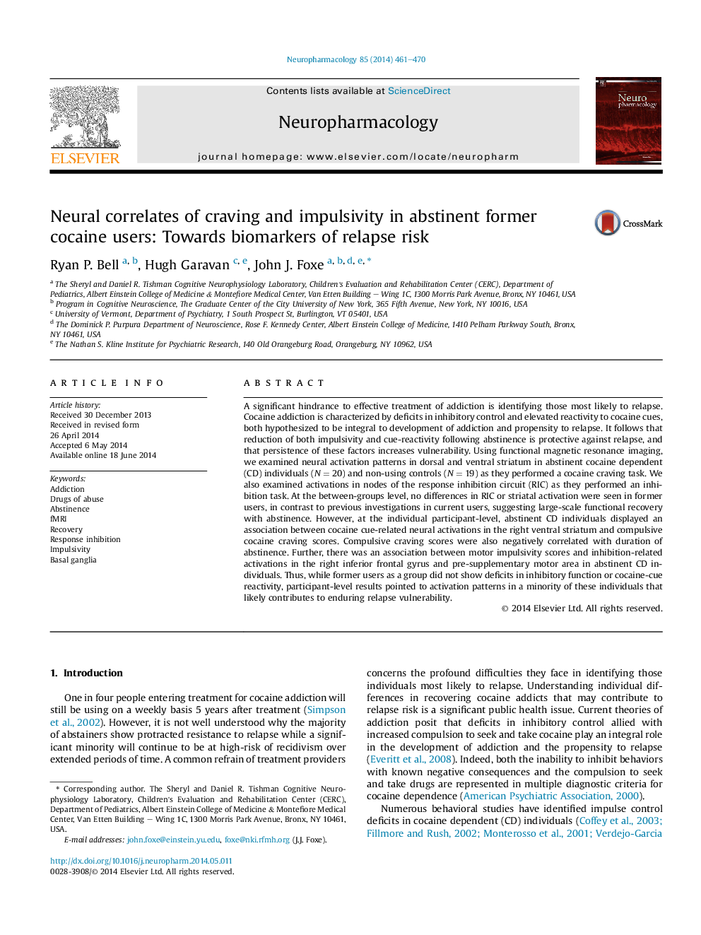 Neural correlates of craving and impulsivity in abstinent former cocaine users: Towards biomarkers of relapse risk