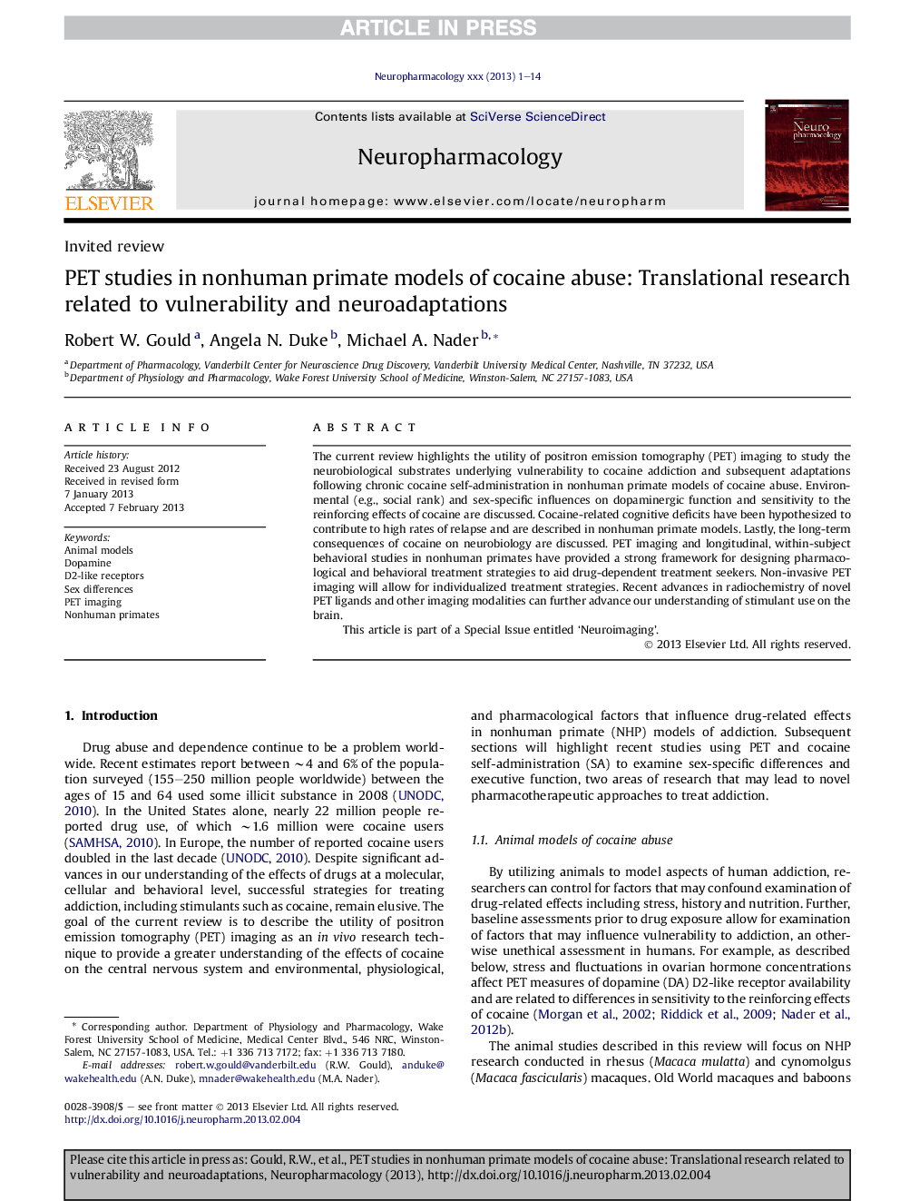 PET studies in nonhuman primate models of cocaine abuse: Translational research related to vulnerability and neuroadaptations