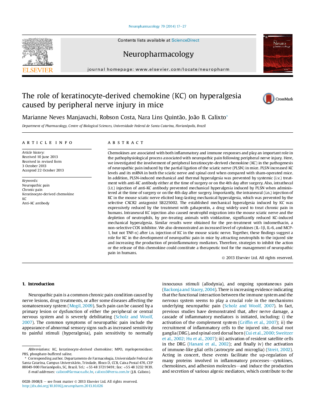 The role of keratinocyte-derived chemokine (KC) on hyperalgesia caused by peripheral nerve injury in mice