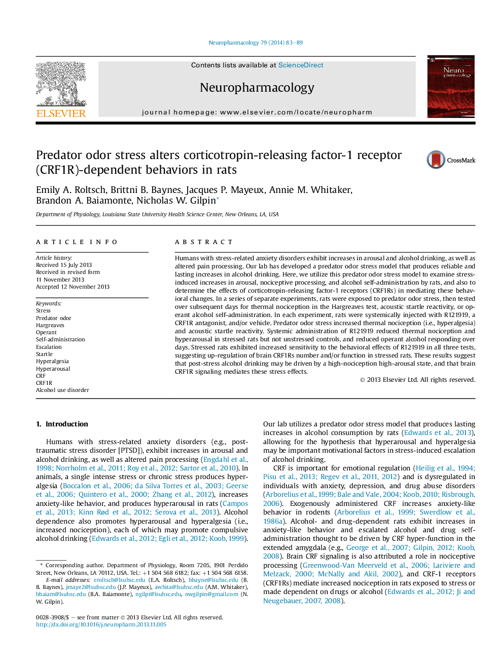 Predator odor stress alters corticotropin-releasing factor-1 receptor (CRF1R)-dependent behaviors in rats