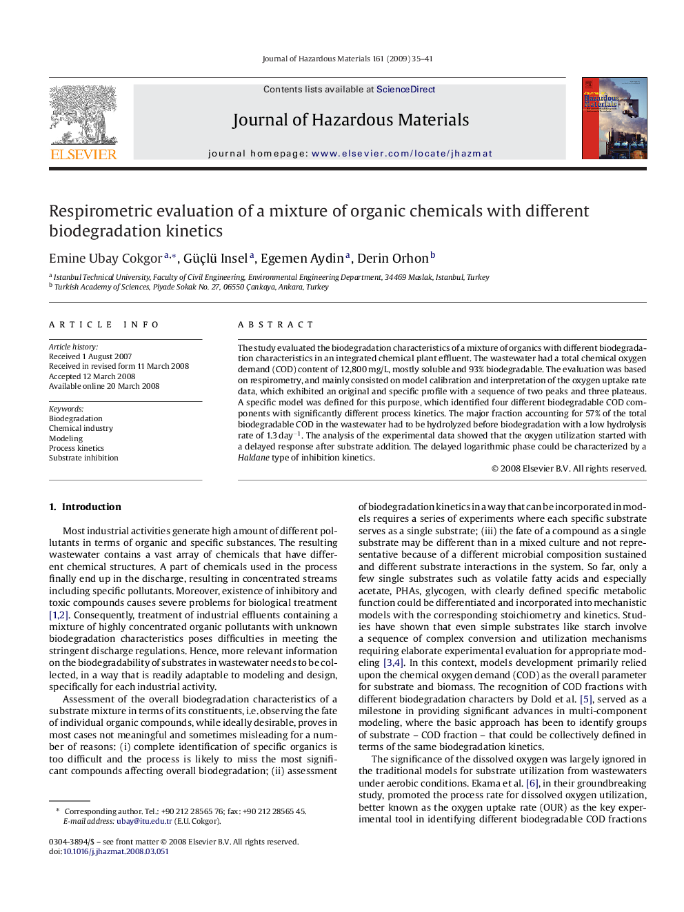 Respirometric evaluation of a mixture of organic chemicals with different biodegradation kinetics