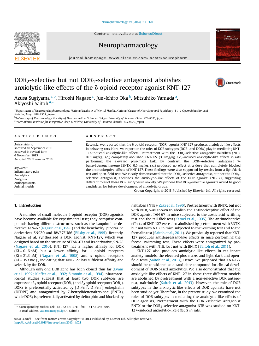 DOR2-selective but not DOR1-selective antagonist abolishes anxiolytic-like effects of the Î´ opioid receptor agonist KNT-127