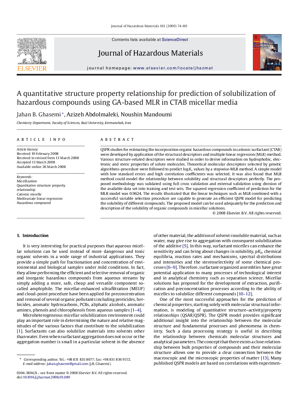 A quantitative structure property relationship for prediction of solubilization of hazardous compounds using GA-based MLR in CTAB micellar media