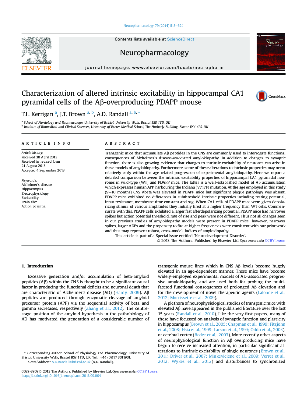 Characterization of altered intrinsic excitability in hippocampal CA1 pyramidal cells of the AÎ²-overproducing PDAPP mouse