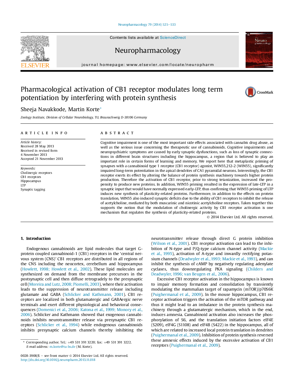 Pharmacological activation of CB1 receptor modulates long term potentiation by interfering with protein synthesis