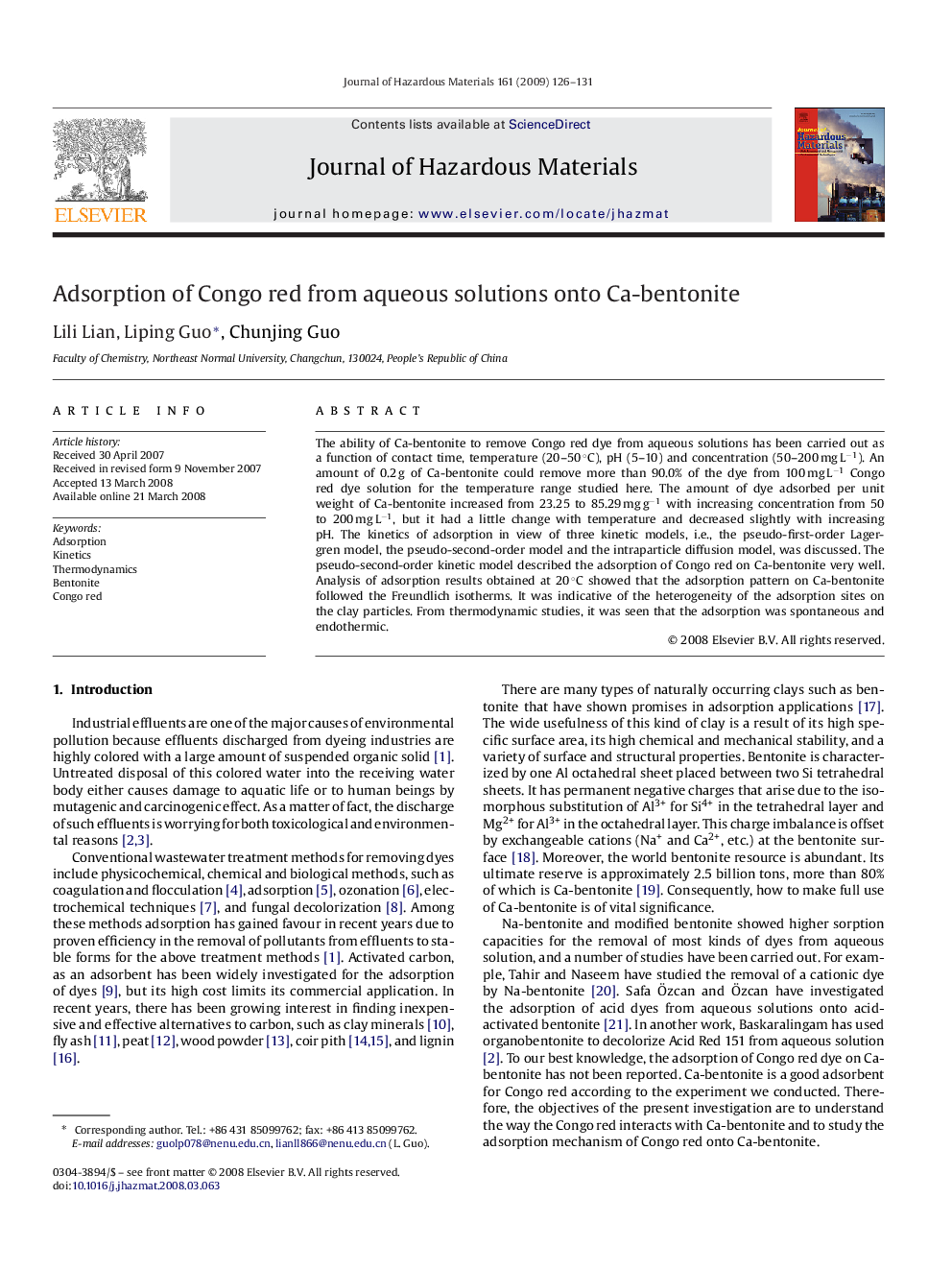 Adsorption of Congo red from aqueous solutions onto Ca-bentonite