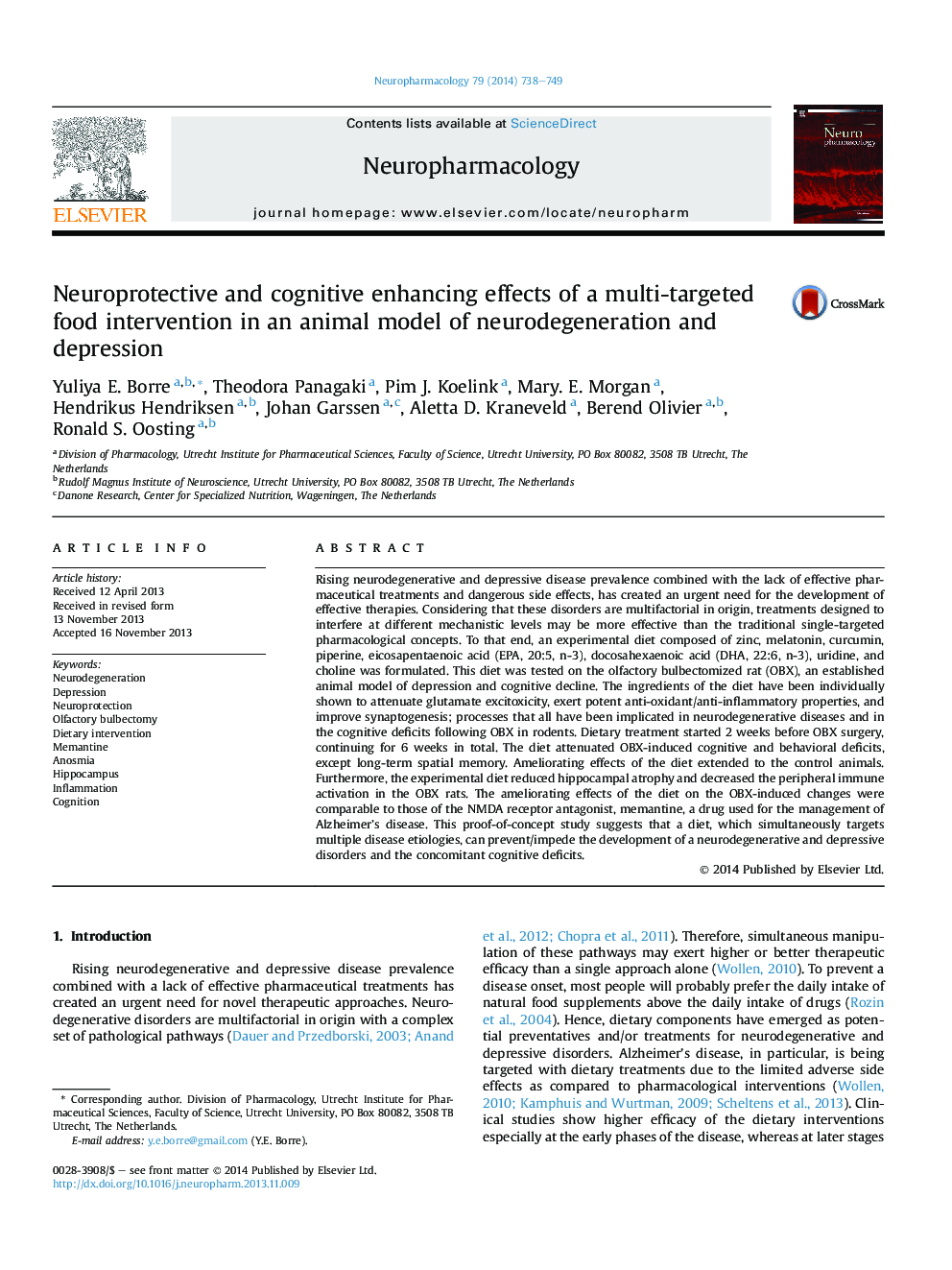 Neuroprotective and cognitive enhancing effects of a multi-targeted food intervention in an animal model of neurodegeneration and depression