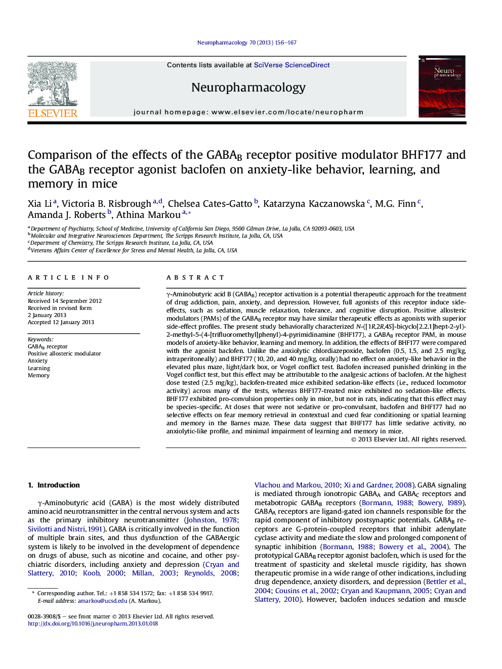 Comparison of the effects of the GABAB receptor positive modulator BHF177 and the GABAB receptor agonist baclofen on anxiety-like behavior, learning, and memory in mice