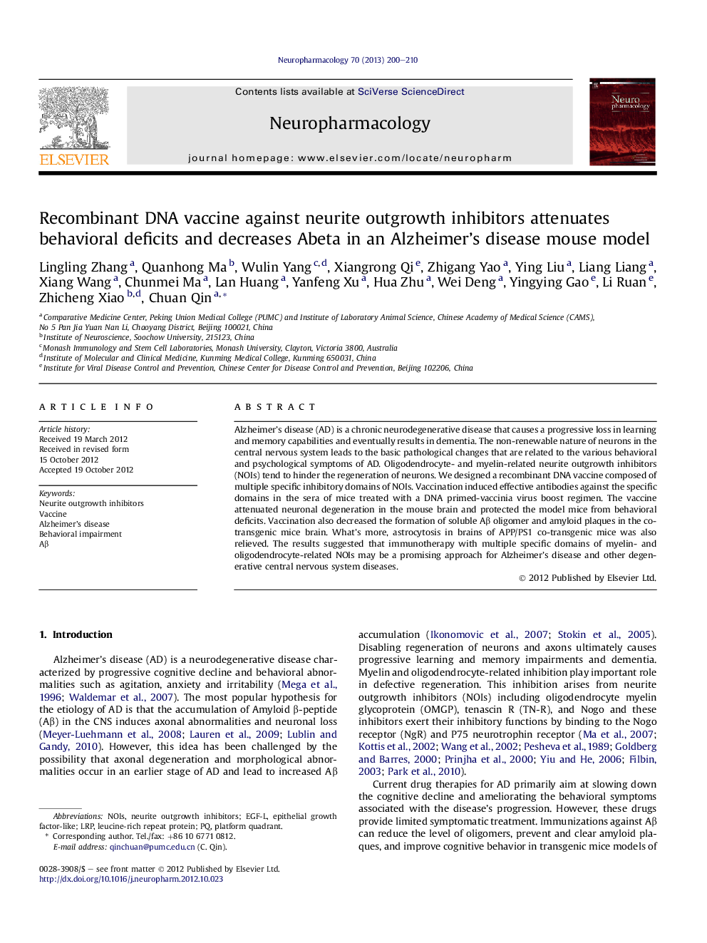 Recombinant DNA vaccine against neurite outgrowth inhibitors attenuates behavioral deficits and decreases Abeta in an Alzheimer's disease mouse model