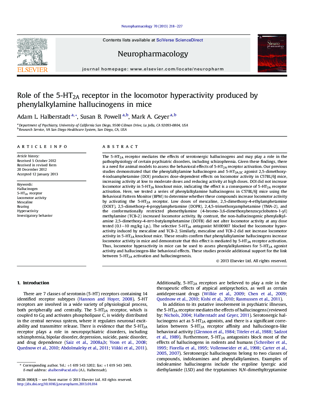 Role of the 5-HT2A receptor in the locomotor hyperactivity produced by phenylalkylamine hallucinogens in mice