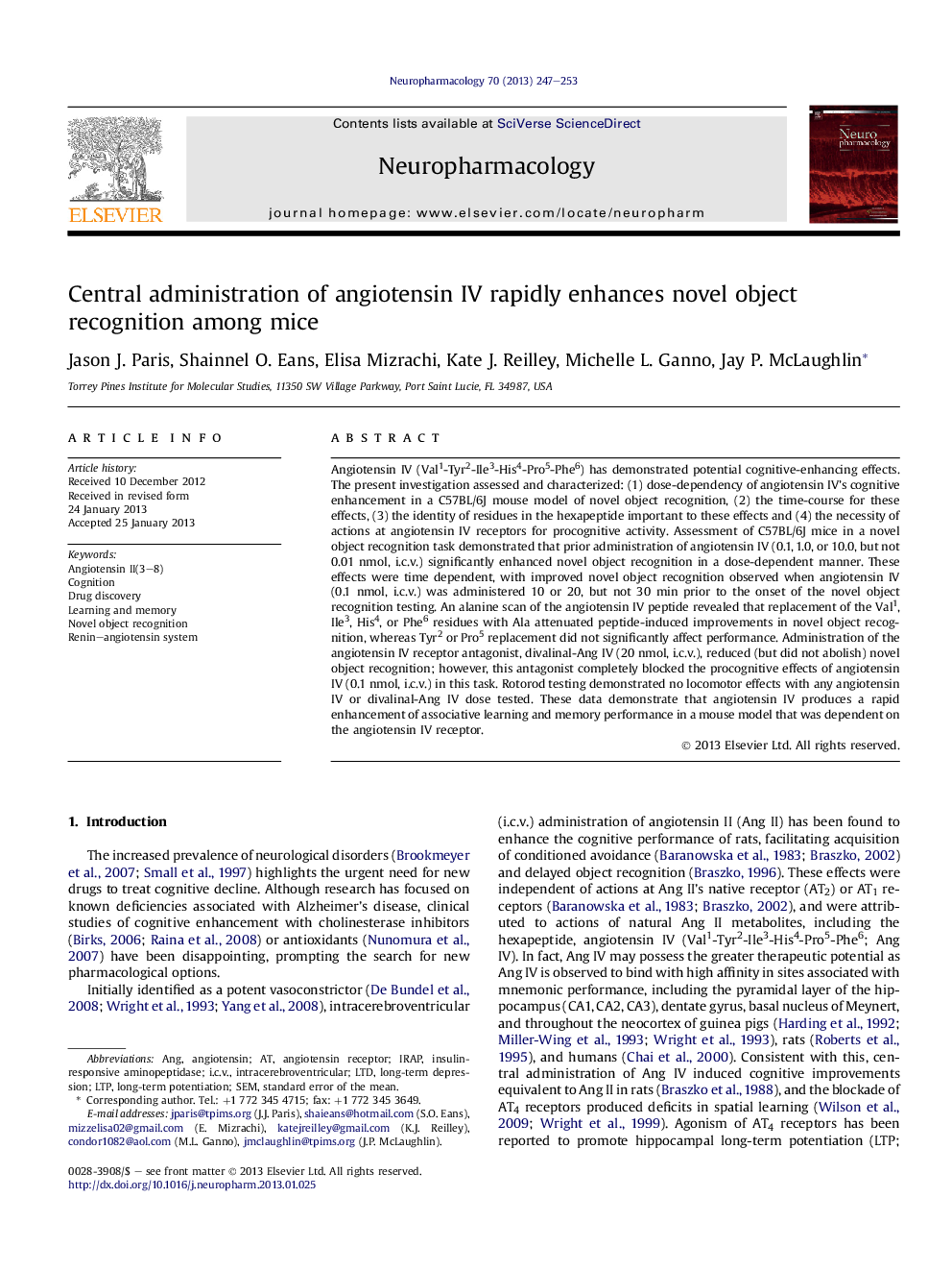 Central administration of angiotensin IV rapidly enhances novel object recognition among mice