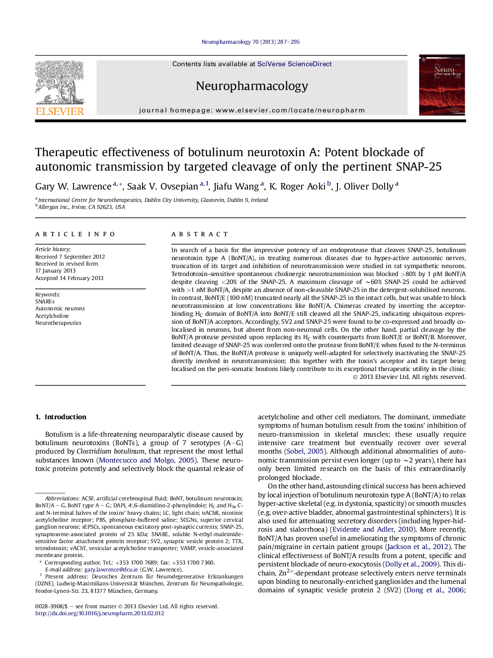 Therapeutic effectiveness of botulinum neurotoxin A: Potent blockade of autonomic transmission by targeted cleavage of only the pertinent SNAP-25