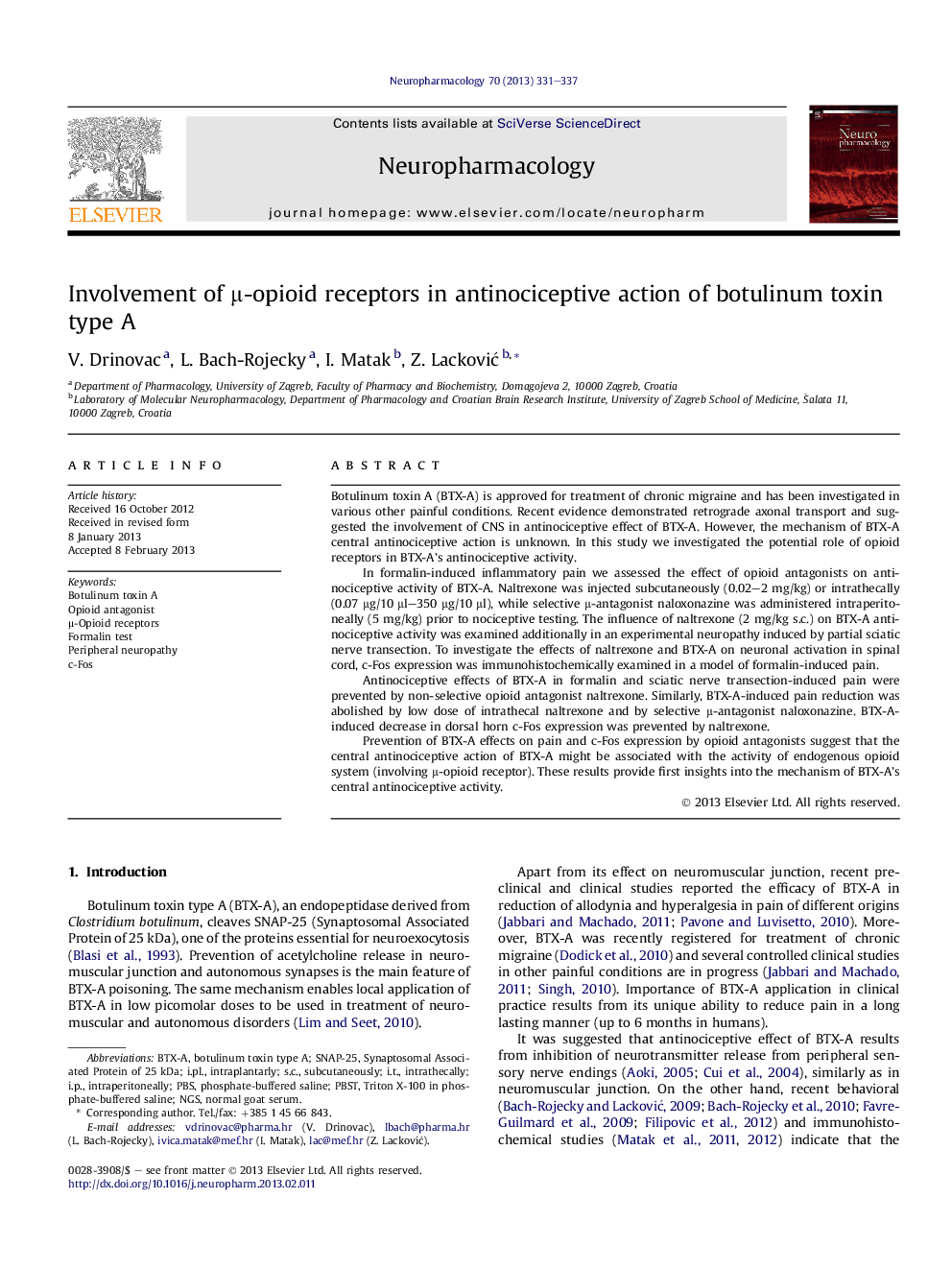 عکس صفحه اول مقاله: Involvement of μ-opioid receptors in antinociceptive action of botulinum toxin type A Involvement of μ-opioid receptors in antinociceptive action of botulinum toxin type A