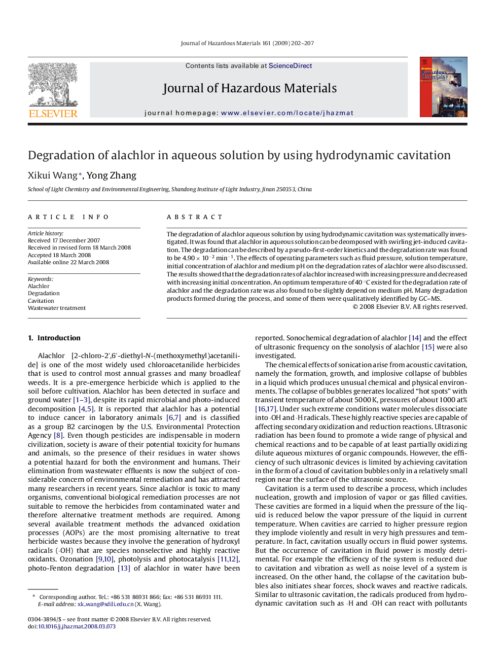 Degradation of alachlor in aqueous solution by using hydrodynamic cavitation