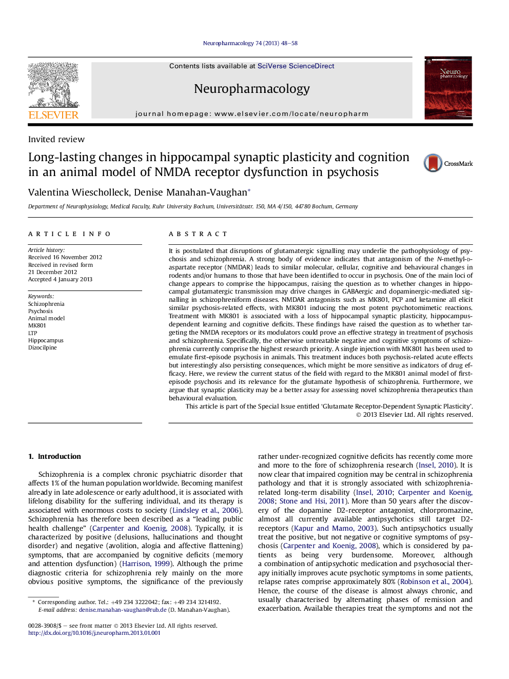 Invited reviewLong-lasting changes in hippocampal synaptic plasticity and cognition in an animal model of NMDA receptor dysfunction in psychosis