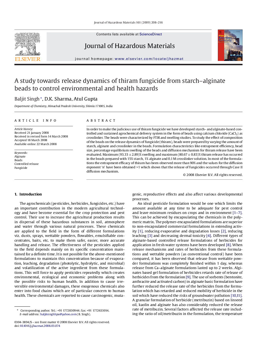 A study towards release dynamics of thiram fungicide from starch-alginate beads to control environmental and health hazards