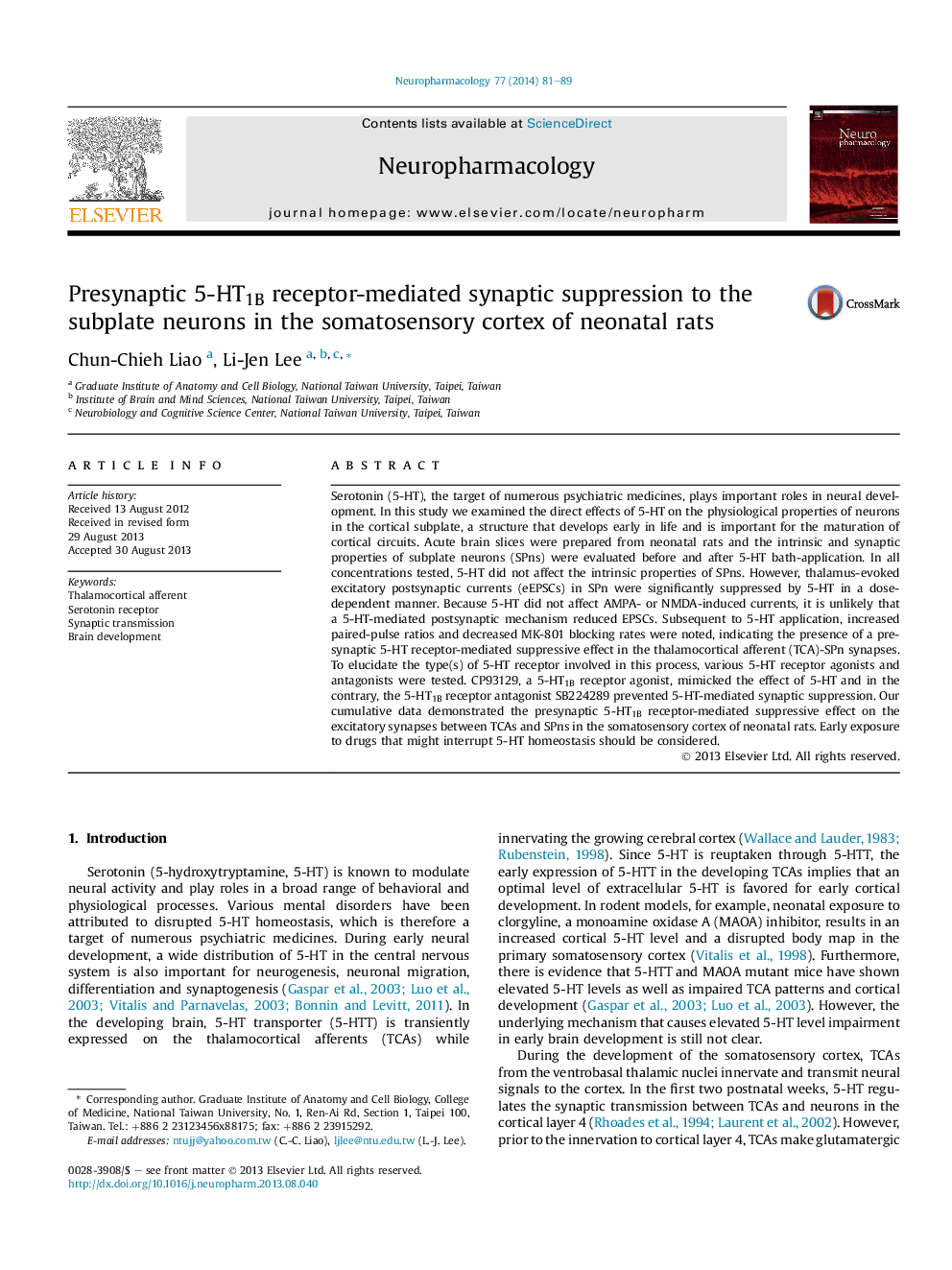 Presynaptic 5-HT1B receptor-mediated synaptic suppression to the subplate neurons in the somatosensory cortex of neonatal rats