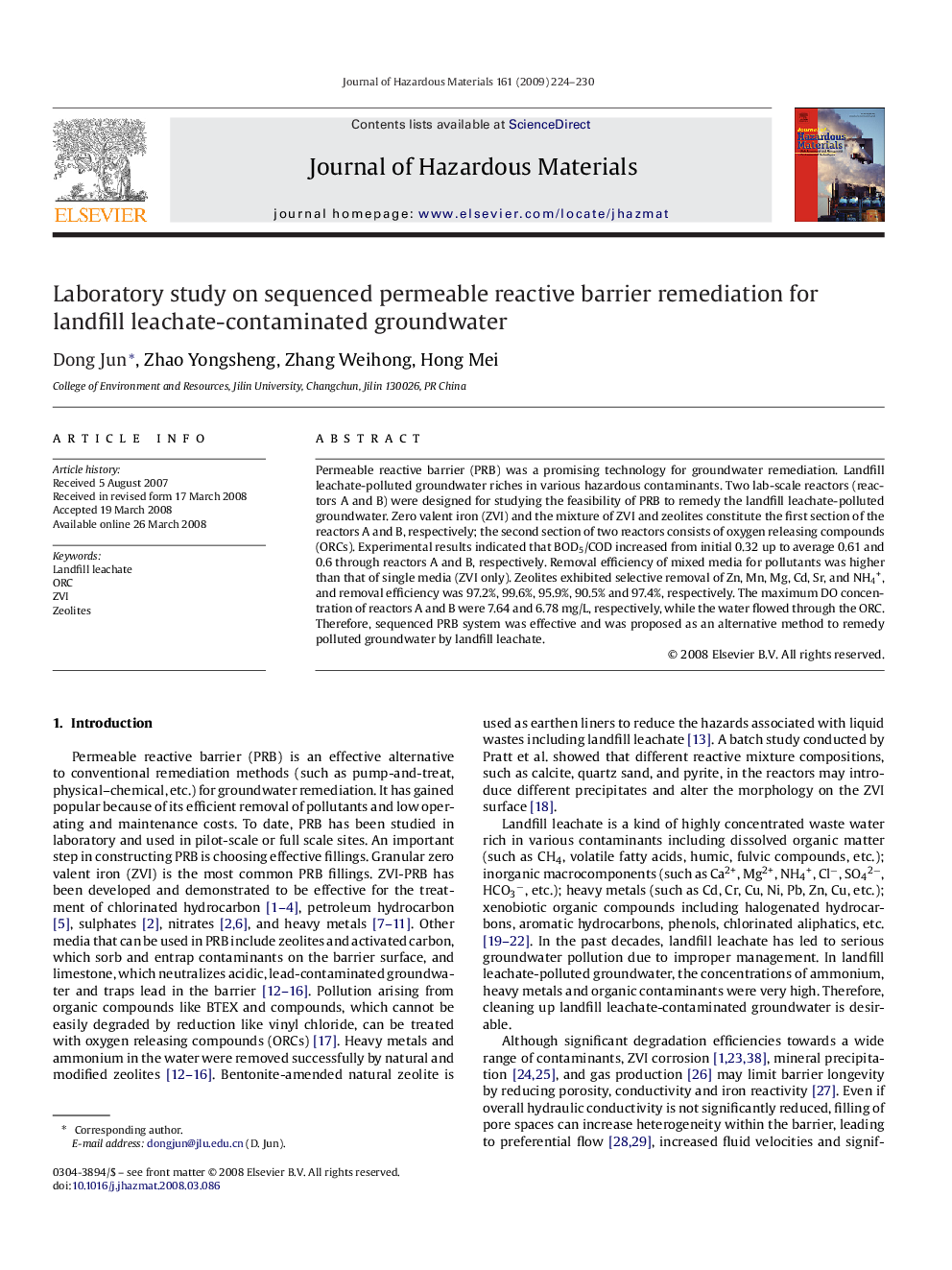 عکس صفحه اول مقاله: Laboratory study on sequenced permeable reactive barrier remediation for landfill leachate-contaminated groundwater Laboratory study on sequenced permeable reactive barrier remediation for landfill leachate-contaminated groundwater