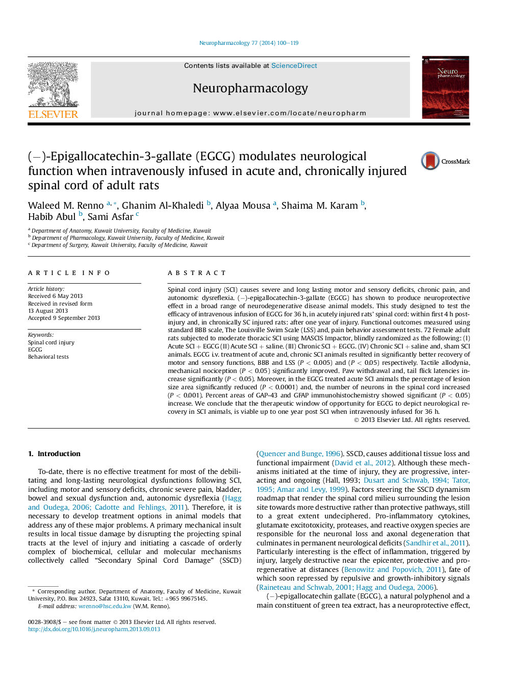 (â)-Epigallocatechin-3-gallate (EGCG) modulates neurological function when intravenously infused in acute and, chronically injured spinal cord of adult rats