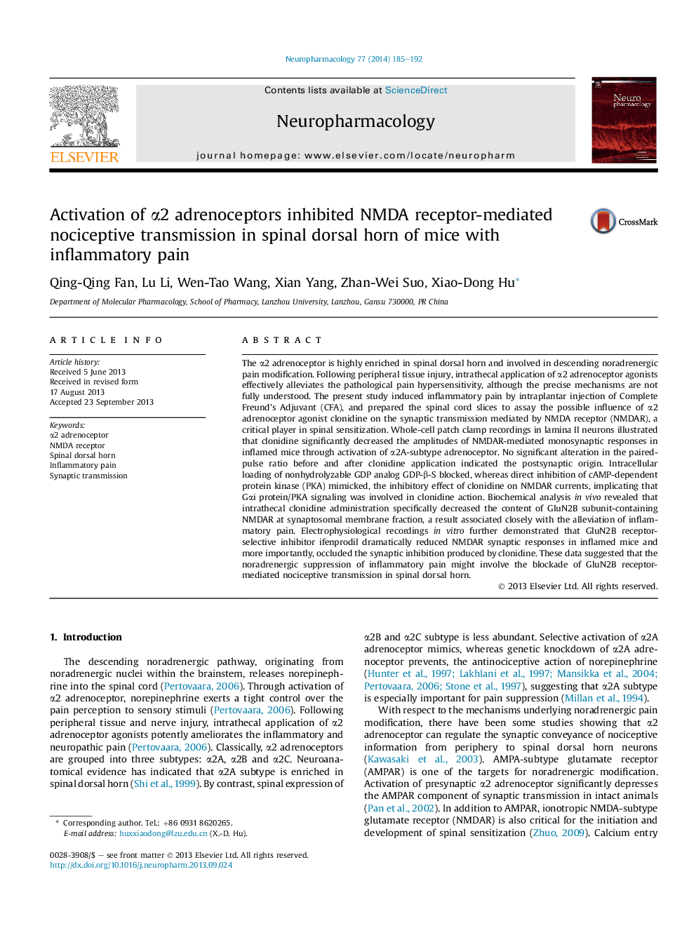 Activation of Î±2 adrenoceptors inhibited NMDA receptor-mediated nociceptive transmission in spinal dorsal horn of mice with inflammatory pain