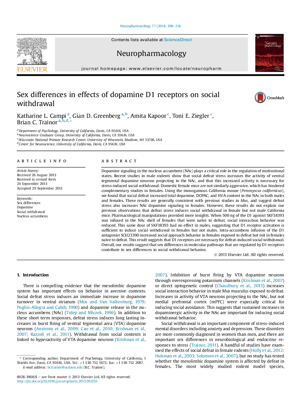 Sex differences in effects of dopamine D1 receptors on social withdrawal