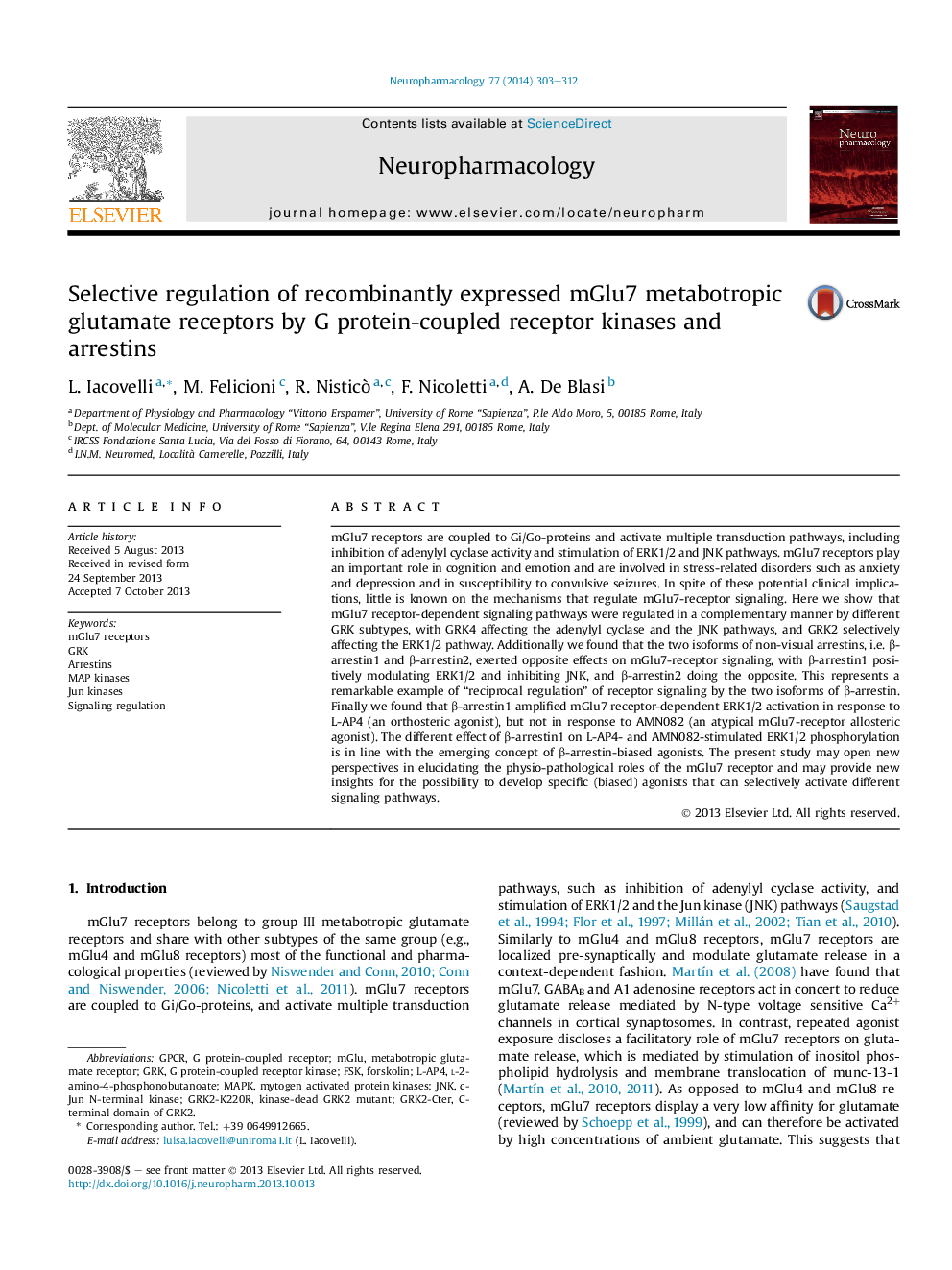 Selective regulation of recombinantly expressed mGlu7 metabotropic glutamate receptors by G protein-coupled receptor kinases and arrestins