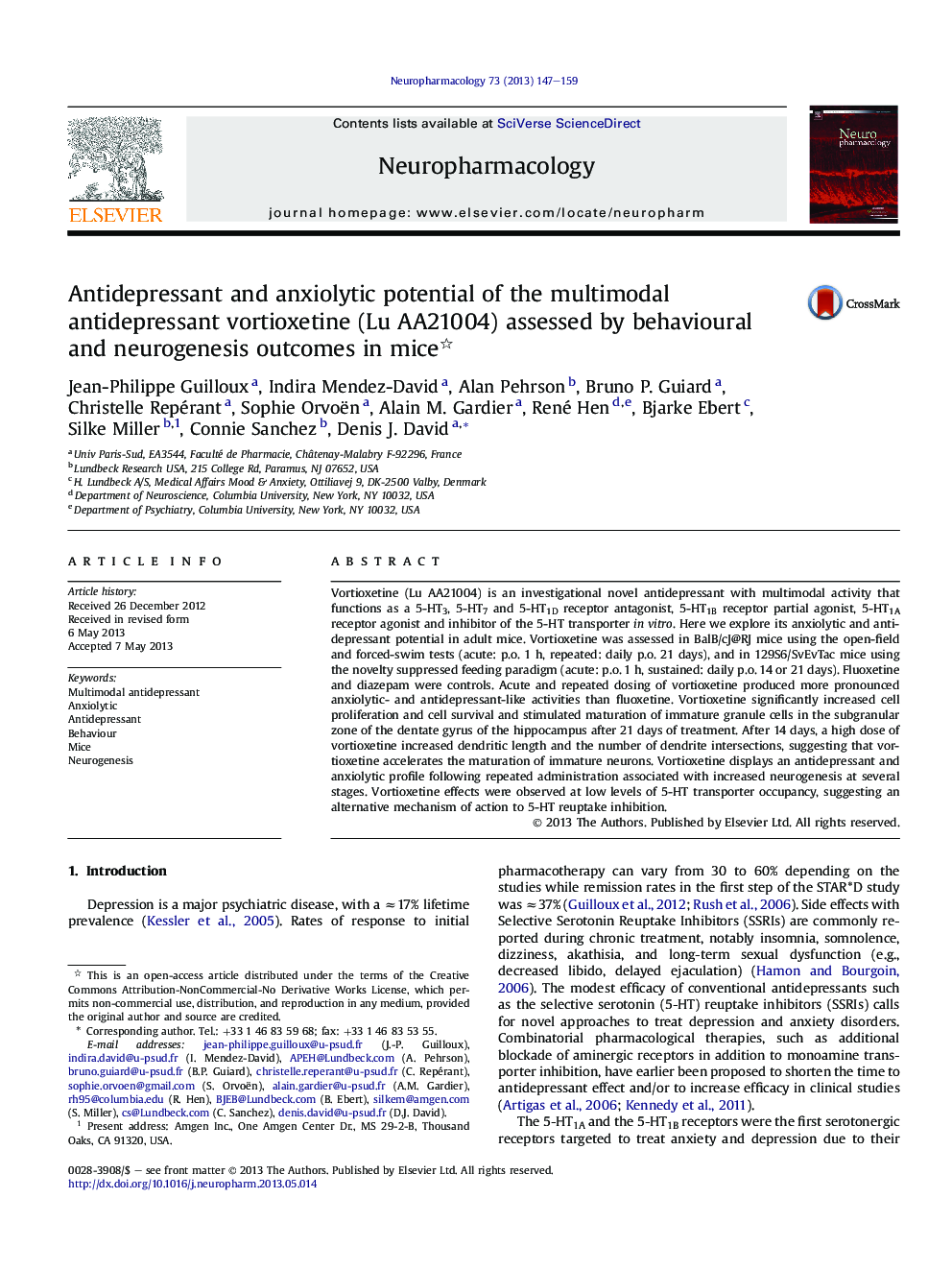 Antidepressant and anxiolytic potential of the multimodal antidepressant vortioxetine (Lu AA21004) assessed by behavioural and neurogenesis outcomes in mice