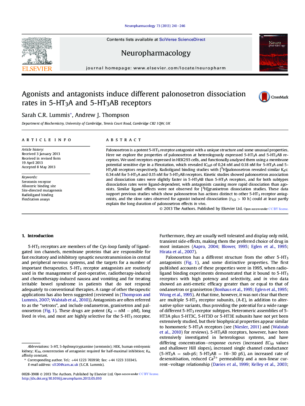 Agonists and antagonists induce different palonosetron dissociation rates in 5-HT3A and 5-HT3AB receptors