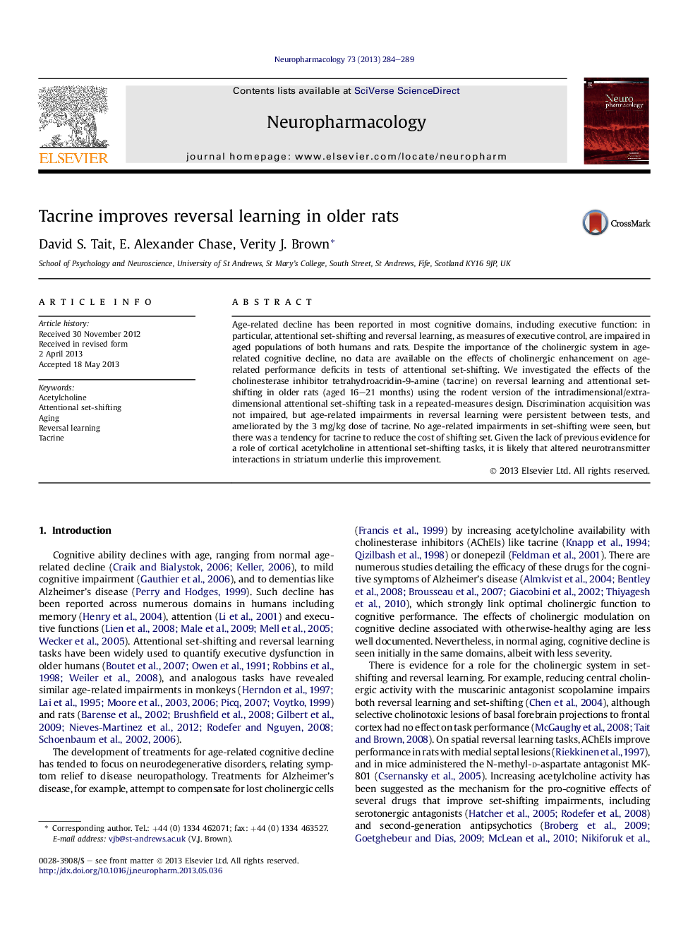 Tacrine improves reversal learning in older rats