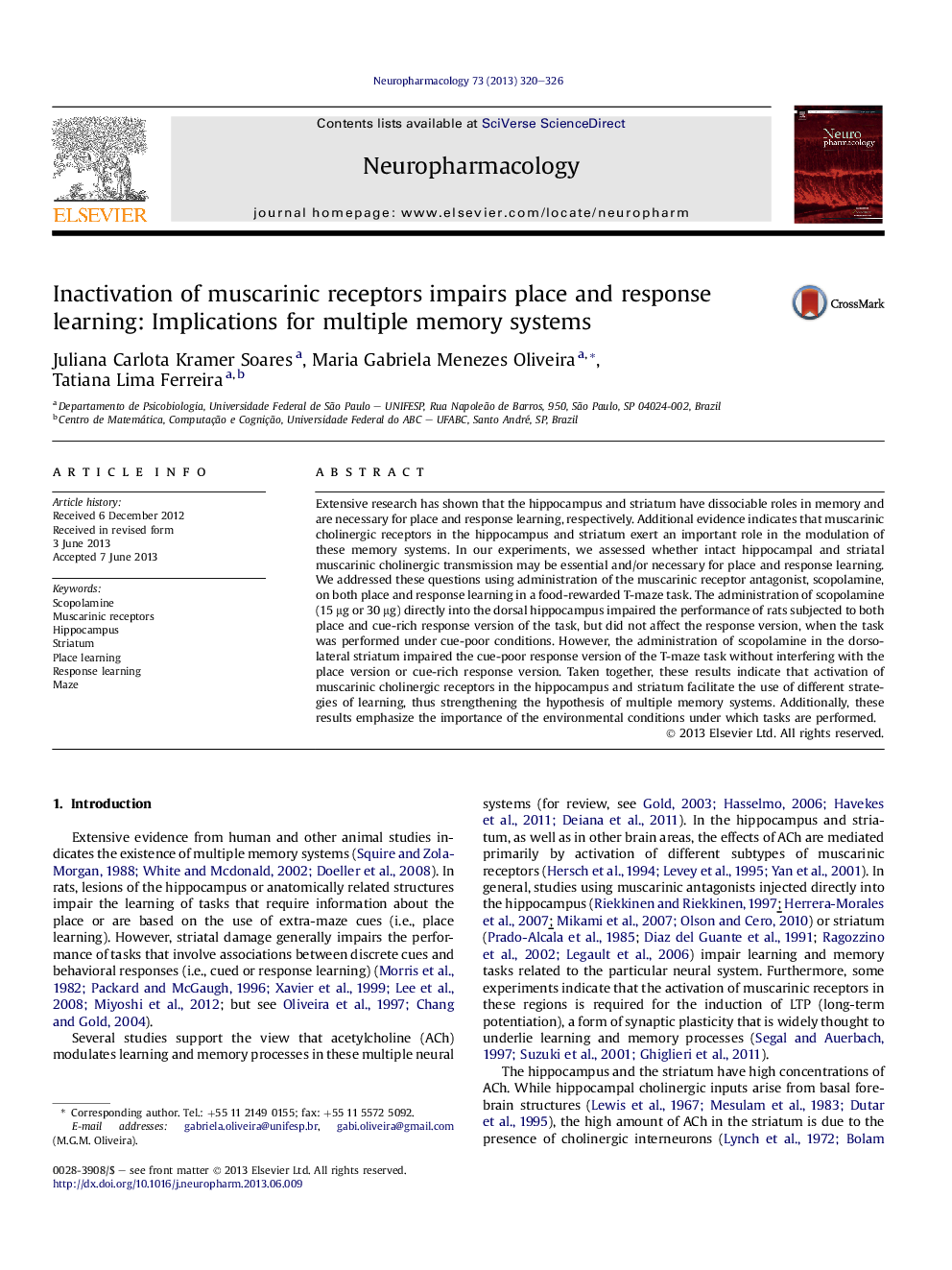 Inactivation of muscarinic receptors impairs place and response learning: Implications for multiple memory systems