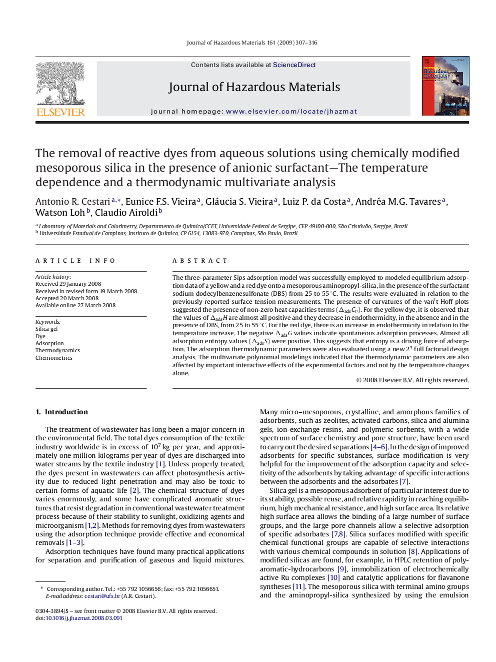 The removal of reactive dyes from aqueous solutions using chemically modified mesoporous silica in the presence of anionic surfactant-The temperature dependence and a thermodynamic multivariate analysis