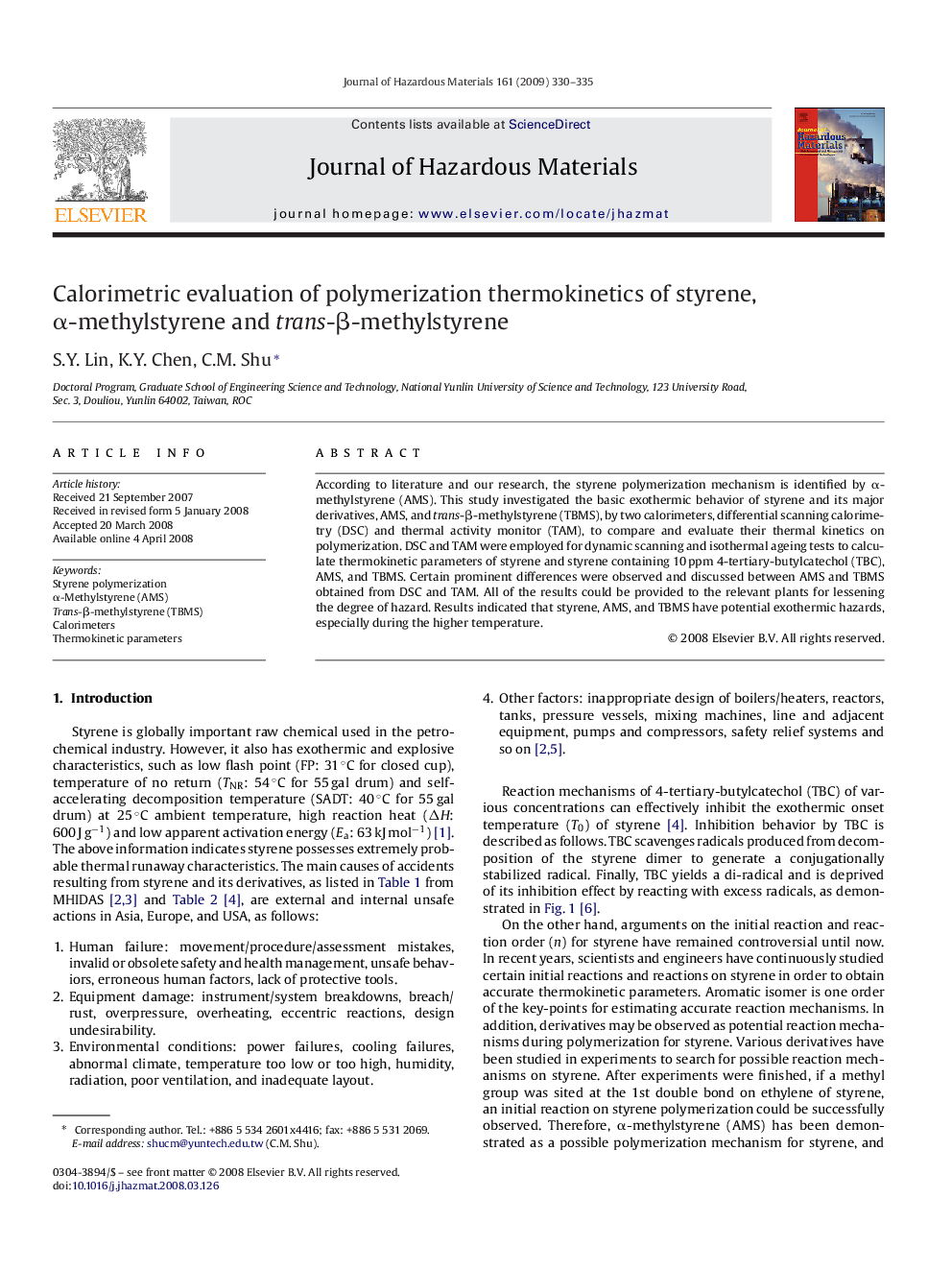 Calorimetric evaluation of polymerization thermokinetics of styrene, Î±-methylstyrene and trans-Î²-methylstyrene