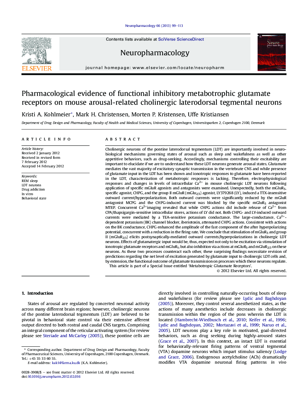 Pharmacological evidence of functional inhibitory metabotrophic glutamate receptors on mouse arousal-related cholinergic laterodorsal tegmental neurons