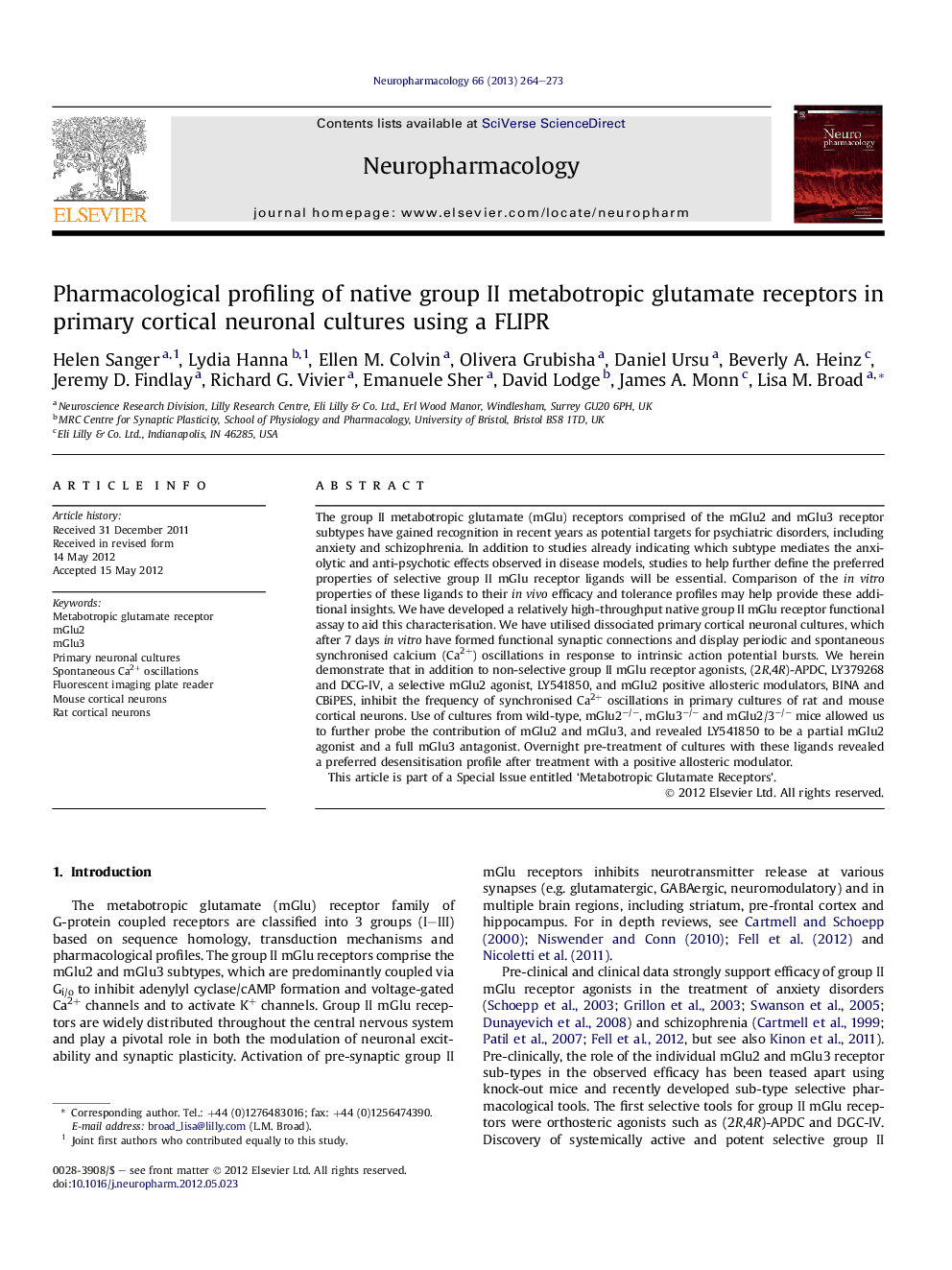 Pharmacological profiling of native group II metabotropic glutamate receptors in primary cortical neuronal cultures using a FLIPR