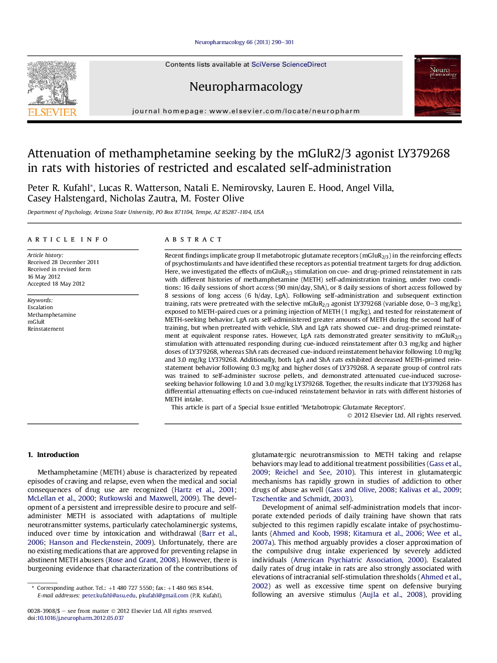 Attenuation of methamphetamine seeking by the mGluR2/3 agonist LY379268 in rats with histories of restricted and escalated self-administration