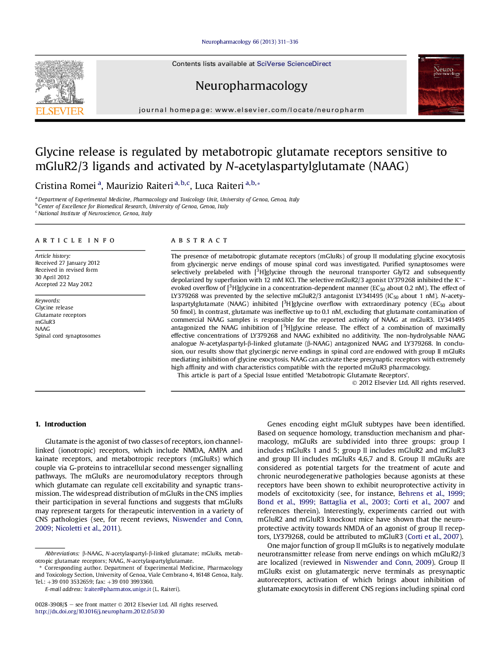 Glycine release is regulated by metabotropic glutamate receptors sensitive to mGluR2/3 ligands and activated by N-acetylaspartylglutamate (NAAG)