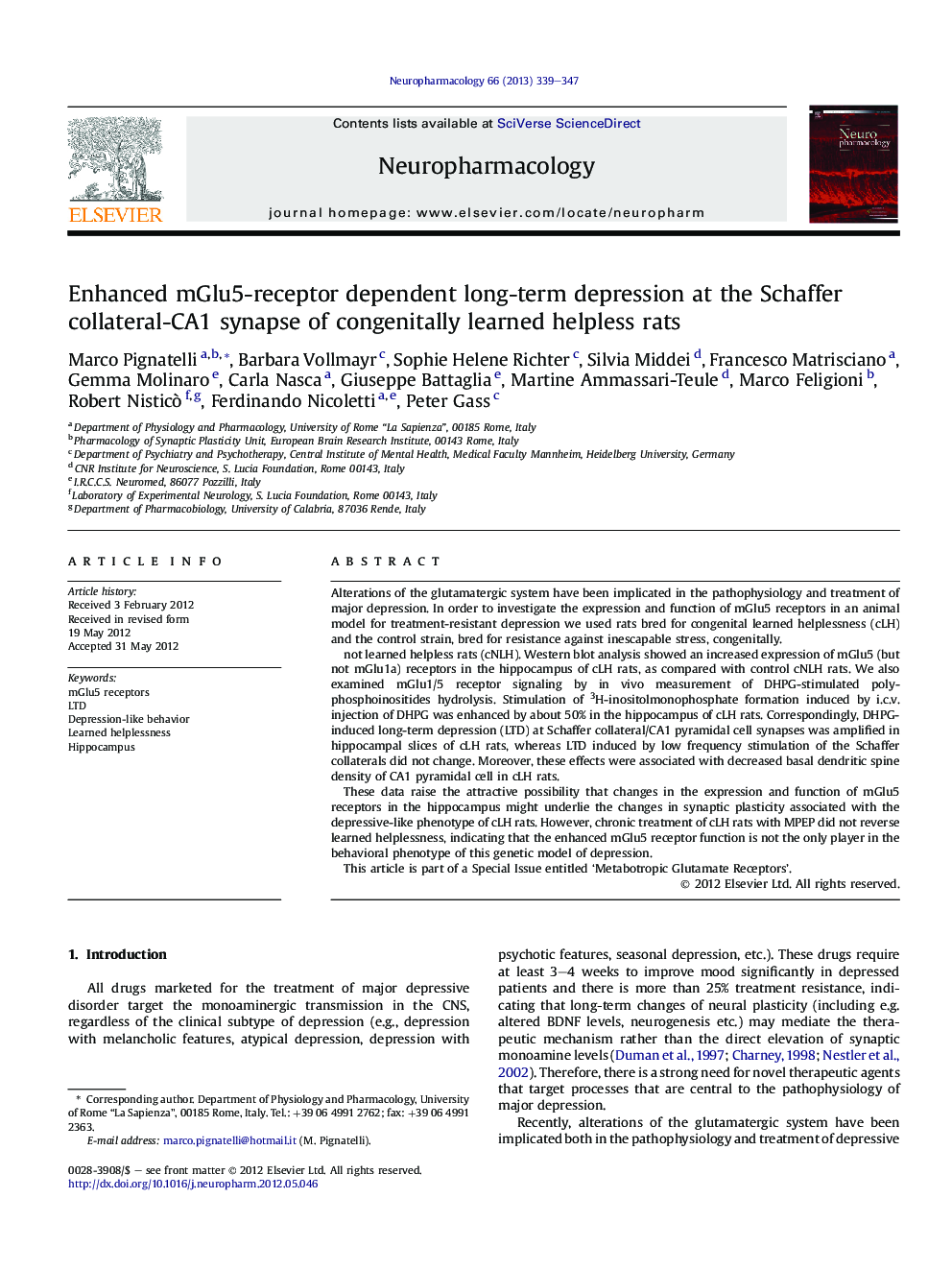 Enhanced mGlu5-receptor dependent long-term depression at the Schaffer collateral-CA1 synapse of congenitally learned helpless rats