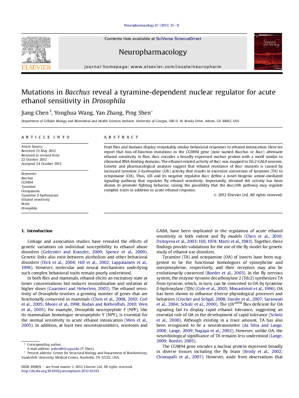 Mutations in Bacchus reveal a tyramine-dependent nuclear regulator for acute ethanol sensitivity in Drosophila