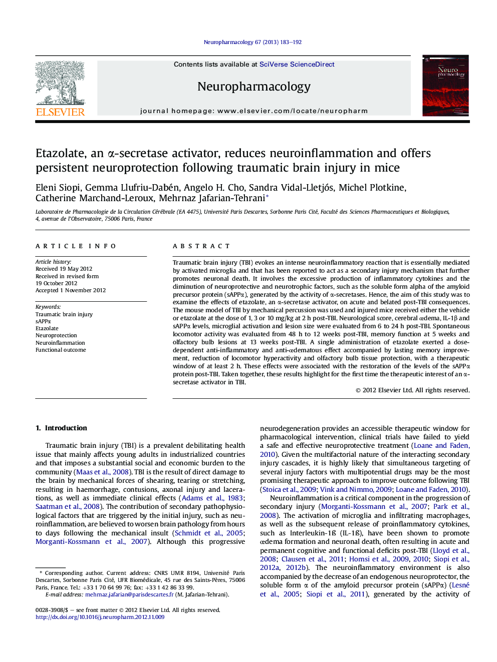 Etazolate, an Î±-secretase activator, reduces neuroinflammation and offers persistent neuroprotection following traumatic brain injury in mice