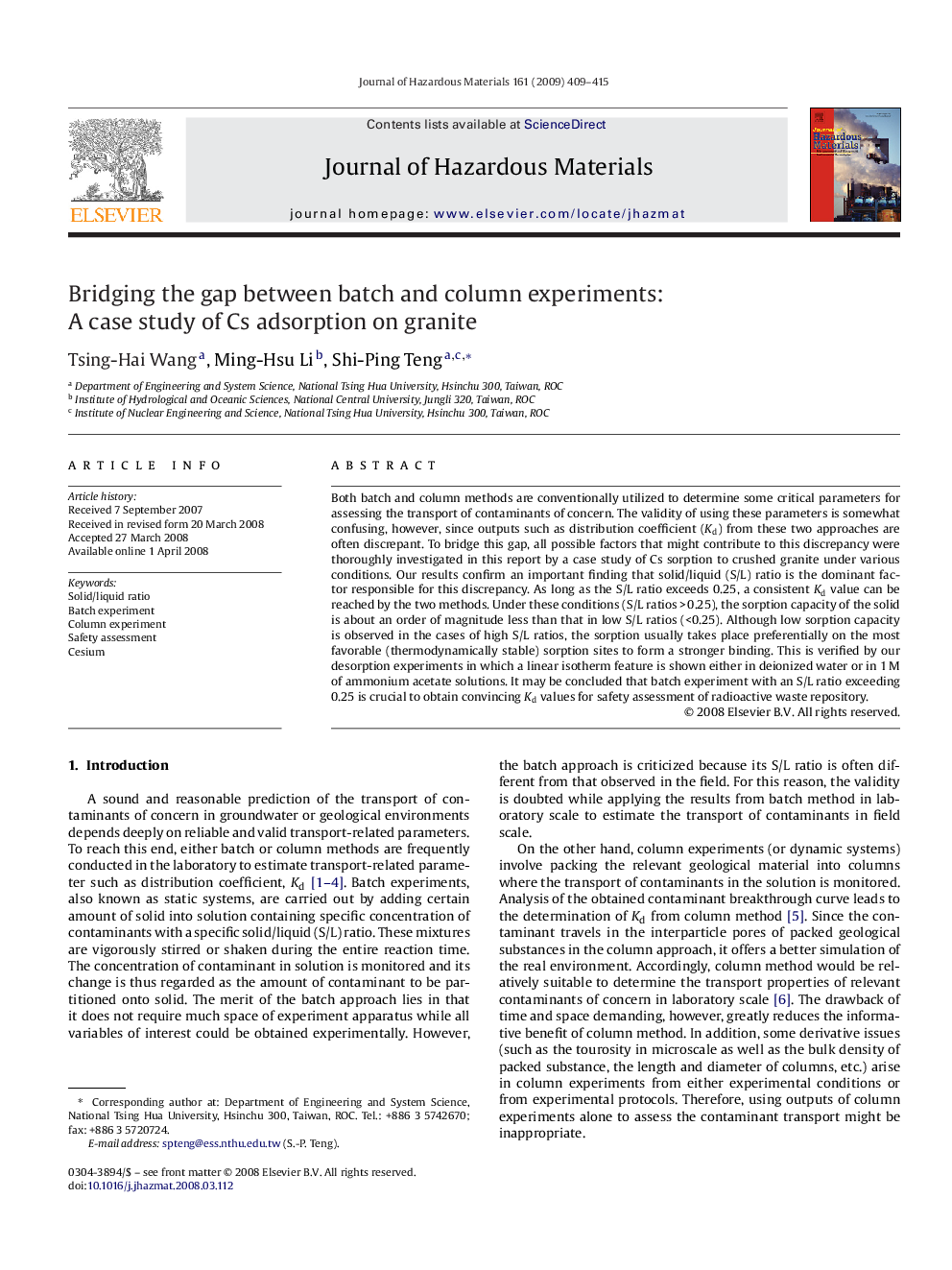 Bridging the gap between batch and column experiments: A case study of Cs adsorption on granite