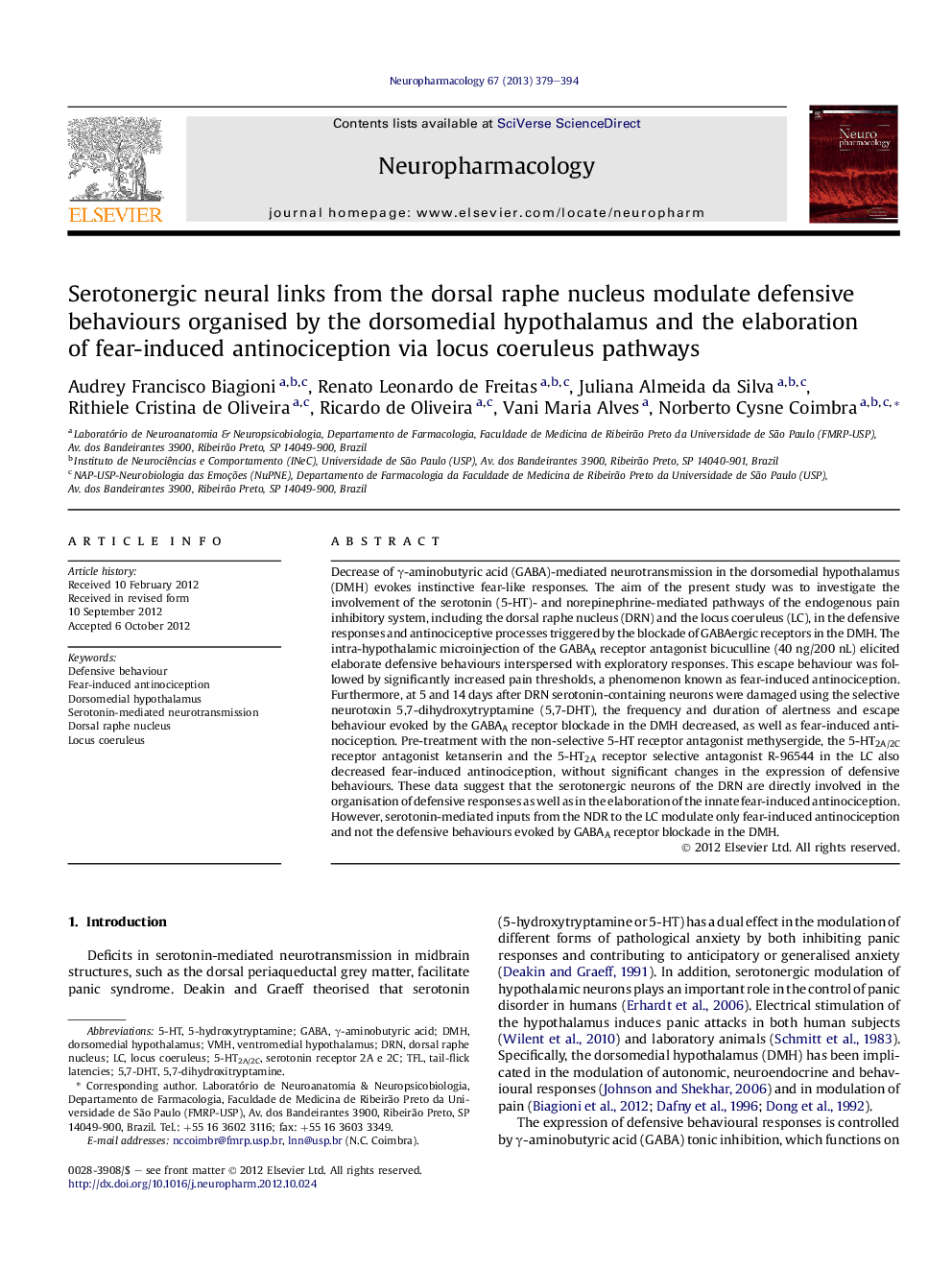 Serotonergic neural links from the dorsal raphe nucleus modulate defensive behaviours organised by the dorsomedial hypothalamus and the elaboration of fear-induced antinociception via locus coeruleus pathways