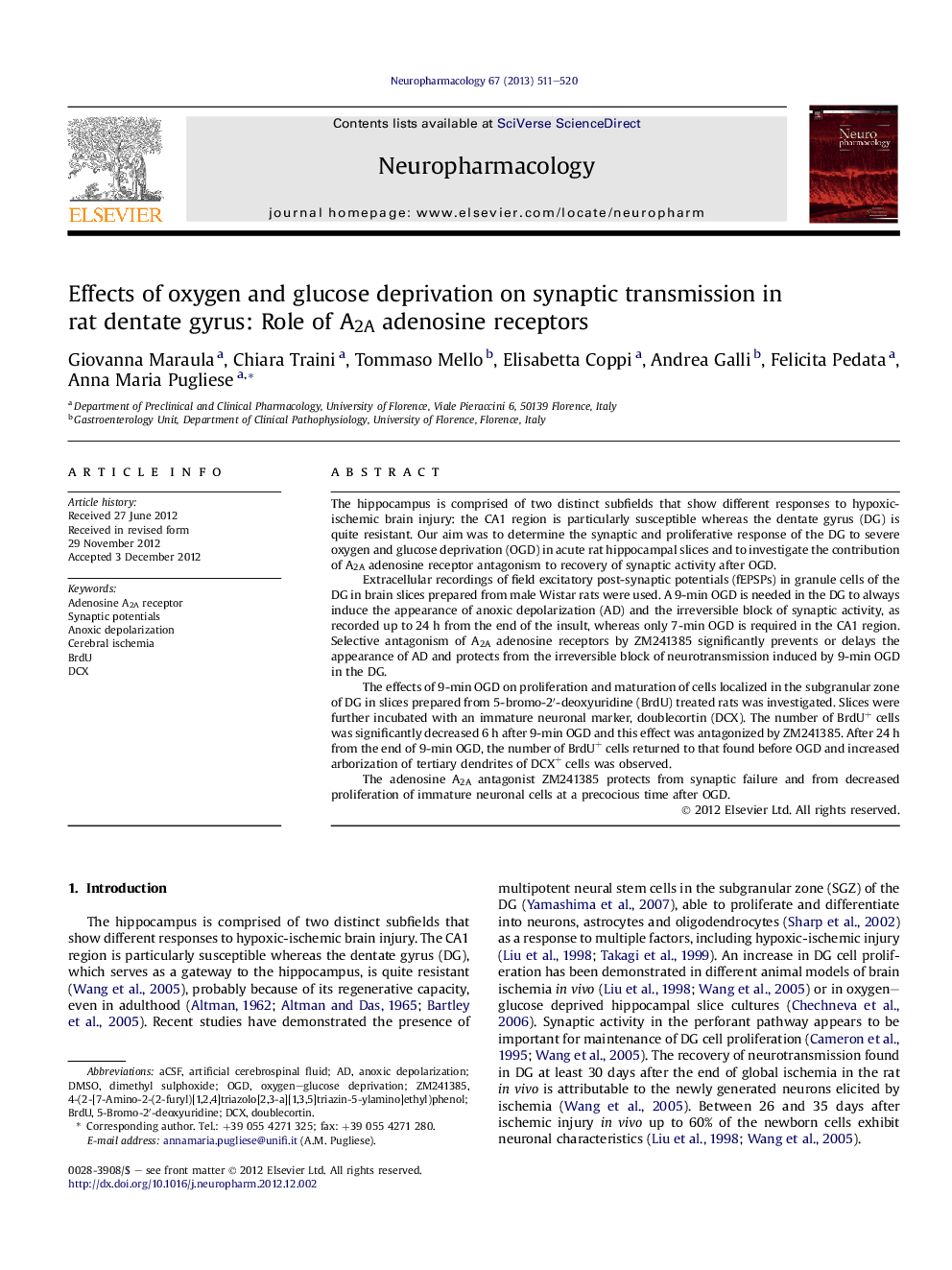 Effects of oxygen and glucose deprivation on synaptic transmission in rat dentate gyrus: Role of A2A adenosine receptors