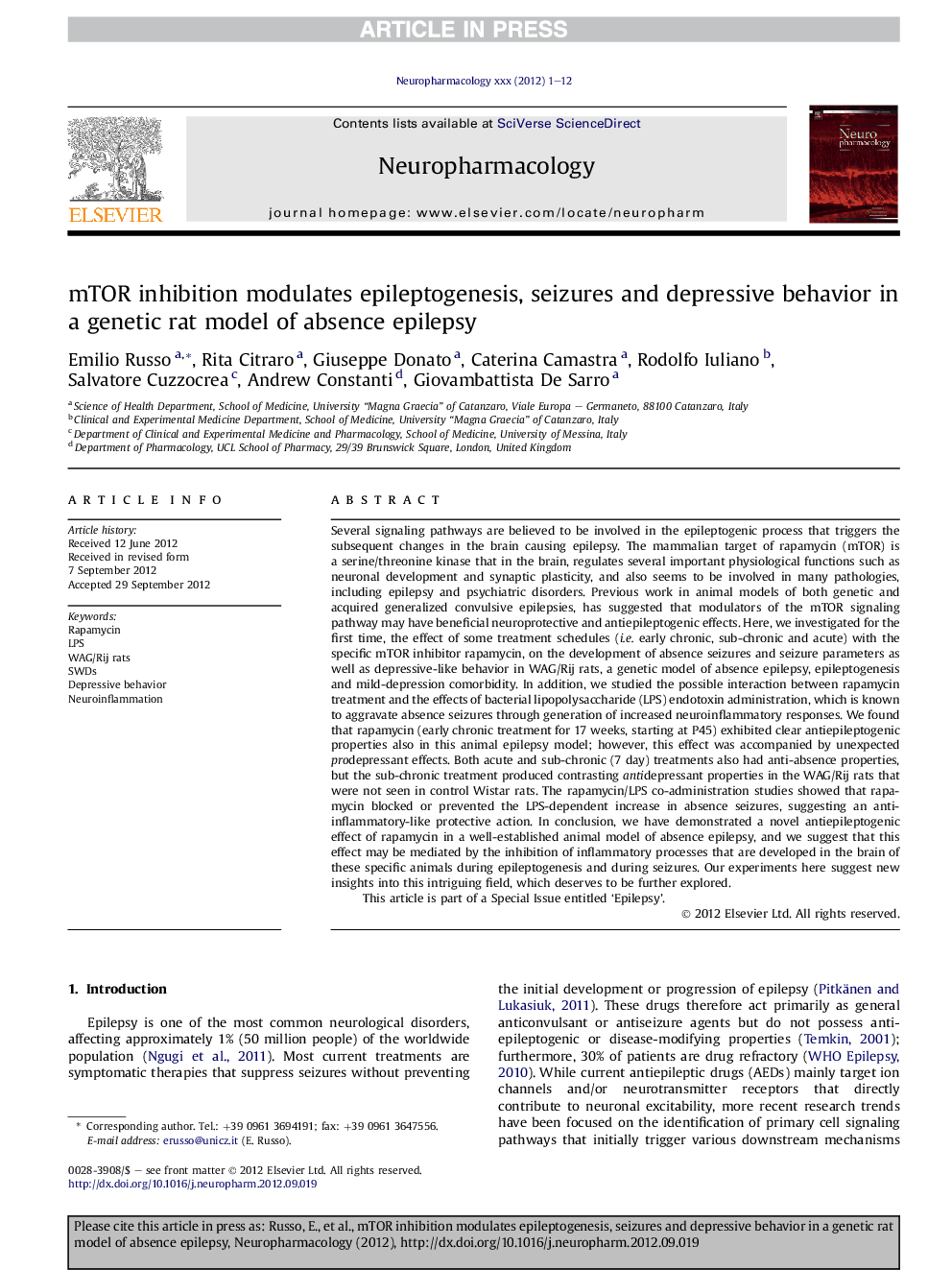 mTOR inhibition modulates epileptogenesis, seizures and depressive behavior in a genetic rat model of absence epilepsy