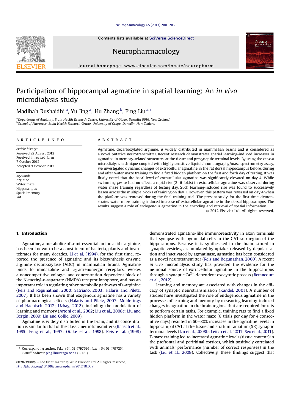 Participation of hippocampal agmatine in spatial learning: An inÂ vivo microdialysis study