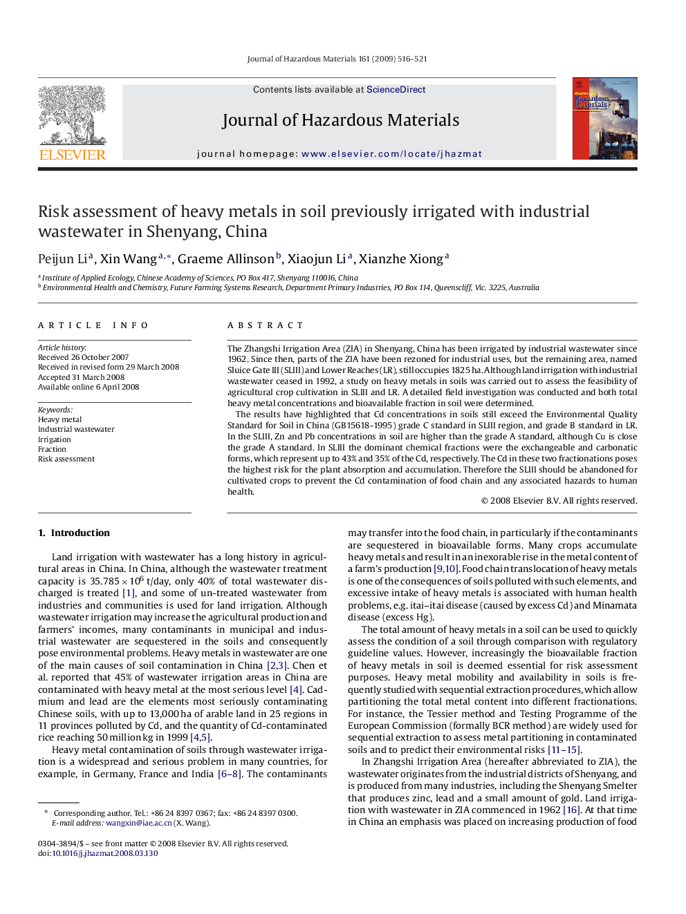 Risk assessment of heavy metals in soil previously irrigated with industrial wastewater in Shenyang, China