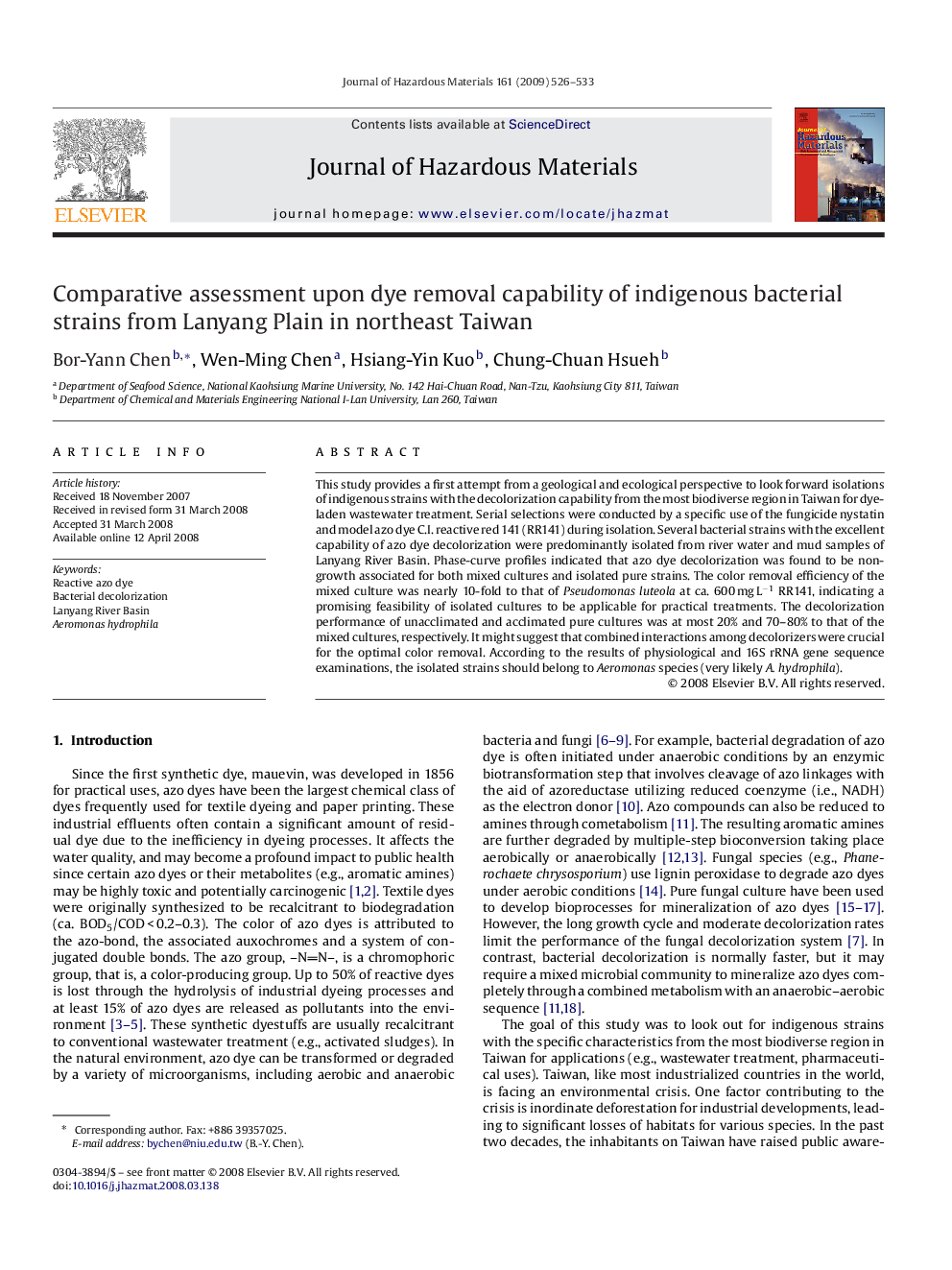 Comparative assessment upon dye removal capability of indigenous bacterial strains from Lanyang Plain in northeast Taiwan