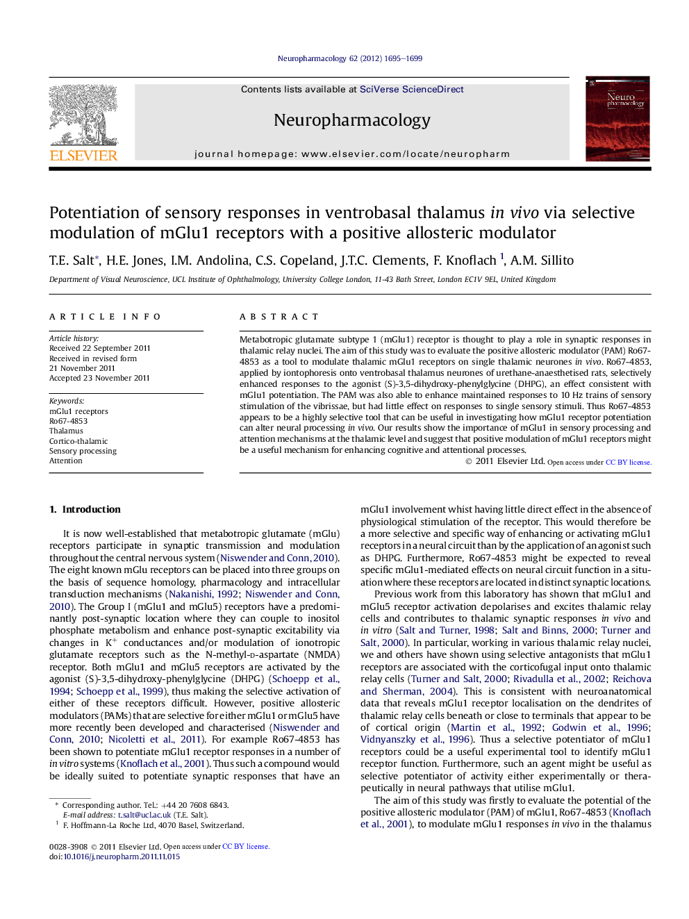 Potentiation of sensory responses in ventrobasal thalamus inÂ vivo via selective modulation of mGlu1 receptors with a positive allosteric modulator