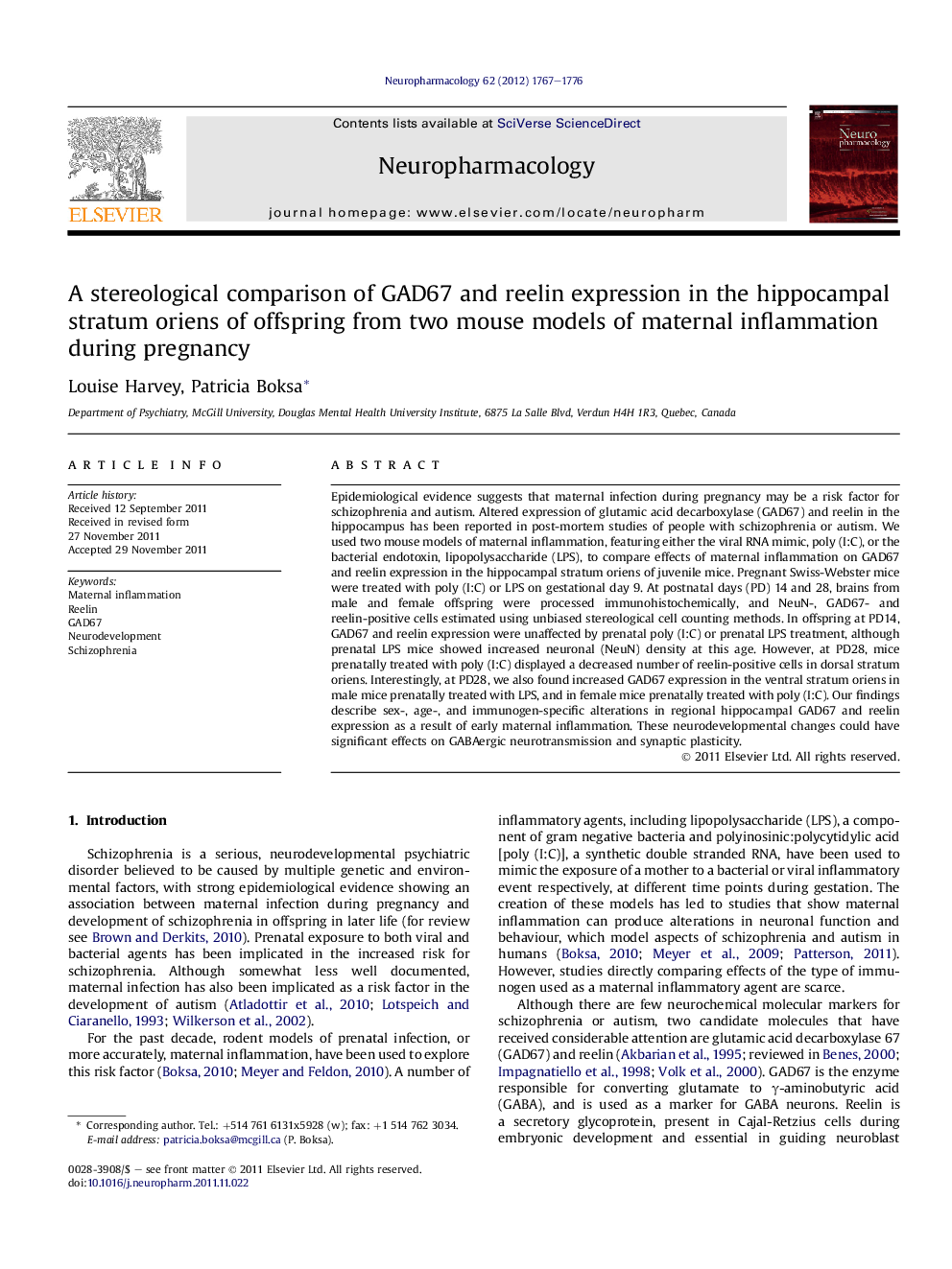 A stereological comparison of GAD67 and reelin expression in the hippocampal stratum oriens of offspring from two mouse models of maternal inflammation during pregnancy